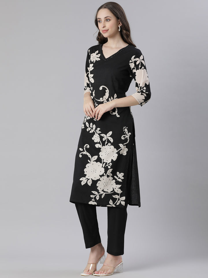 Neerus Black Printed Straight Kurta and Trousers With Dupatta
