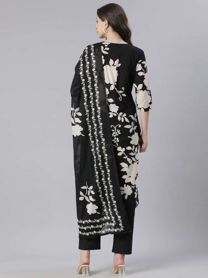 Neerus Black Printed Straight Kurta and Trousers With Dupatta
