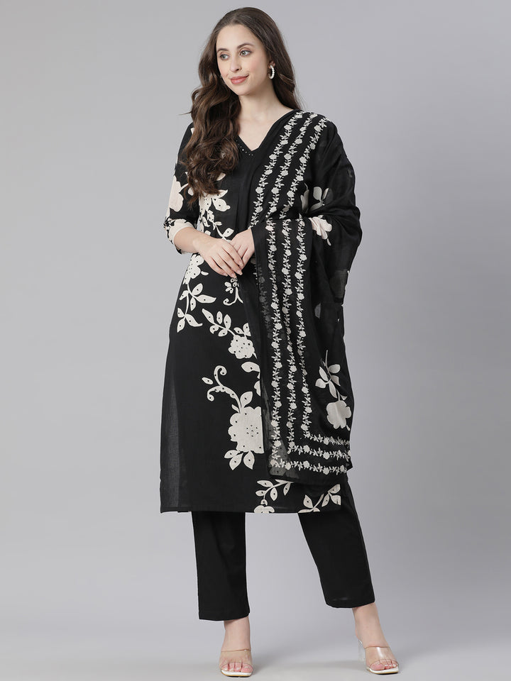 Neerus Black Printed Straight Kurta and Trousers With Dupatta