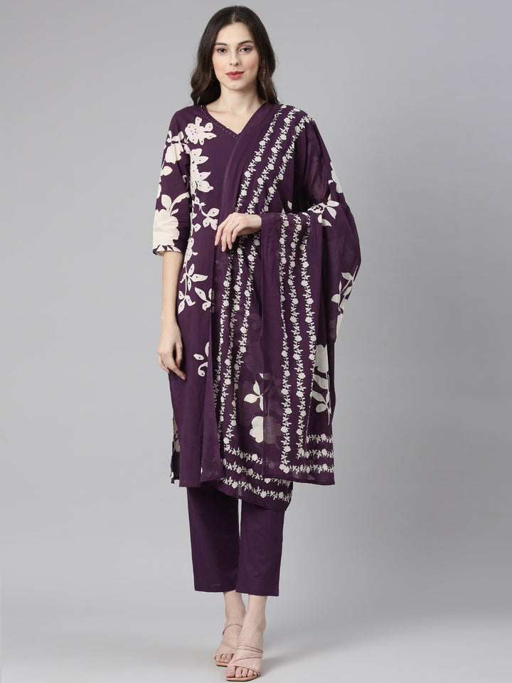 Neerus Purple Printed Straight Kurta and Trousers With Dupatta