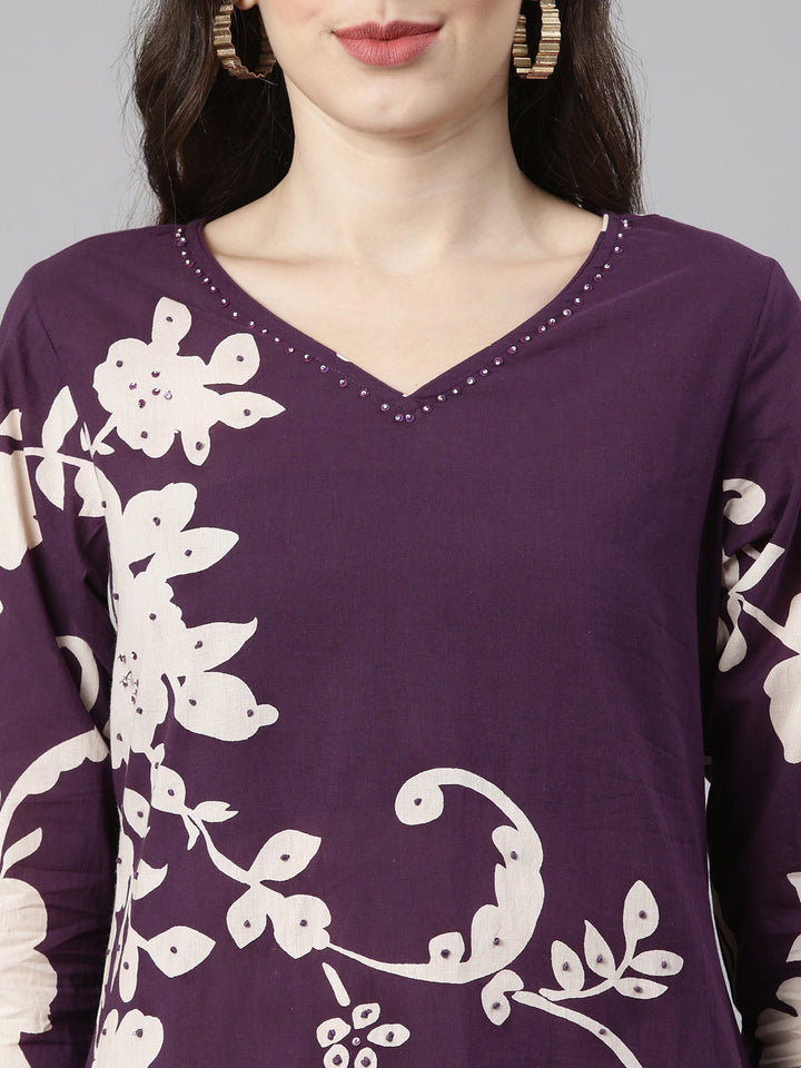 Neerus Purple Printed Straight Kurta and Trousers With Dupatta
