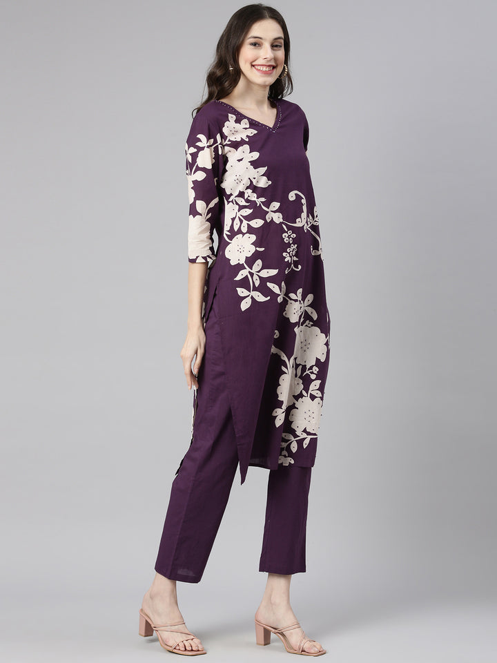 Neerus Purple Printed Straight Kurta and Trousers With Dupatta