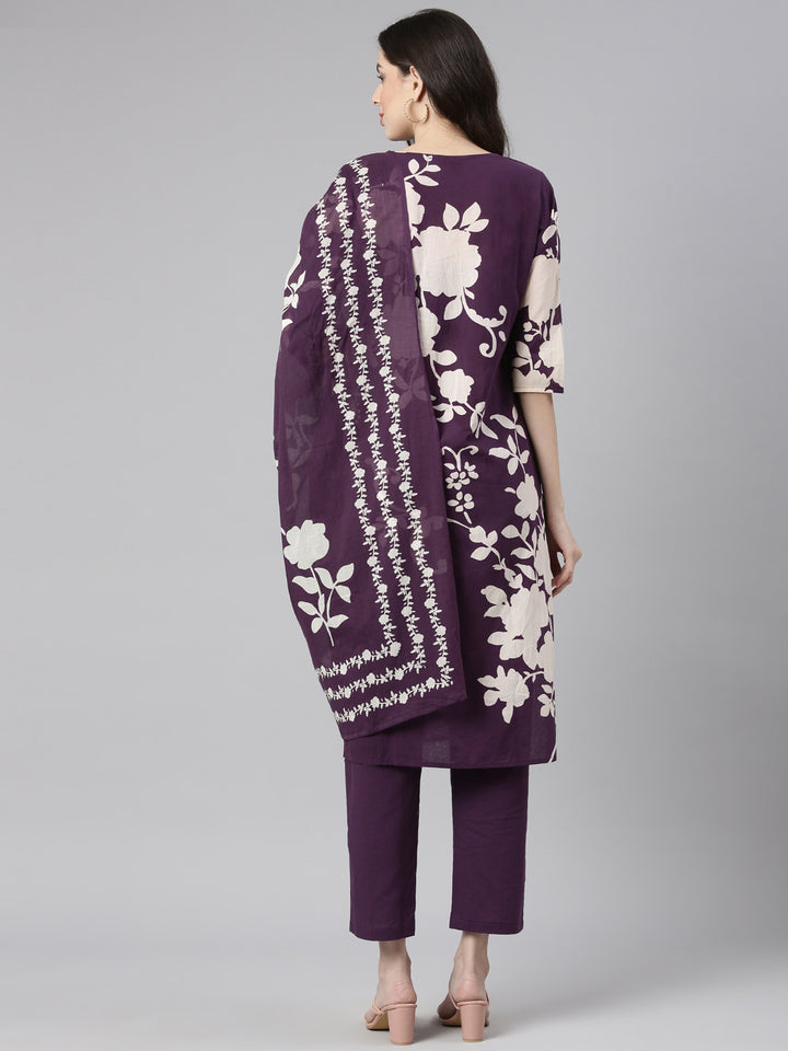 Neerus Purple Printed Straight Kurta and Trousers With Dupatta