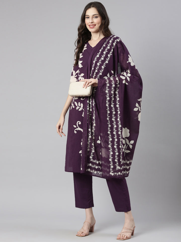 Neerus Purple Printed Straight Kurta and Trousers With Dupatta