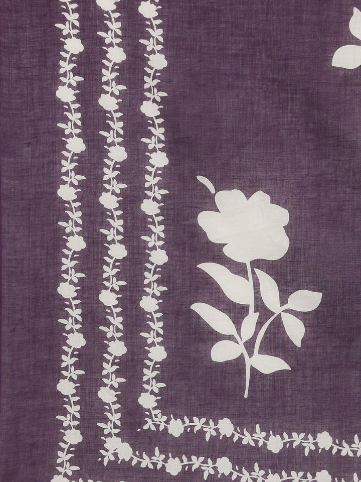 Neerus Purple Printed Straight Kurta and Trousers With Dupatta