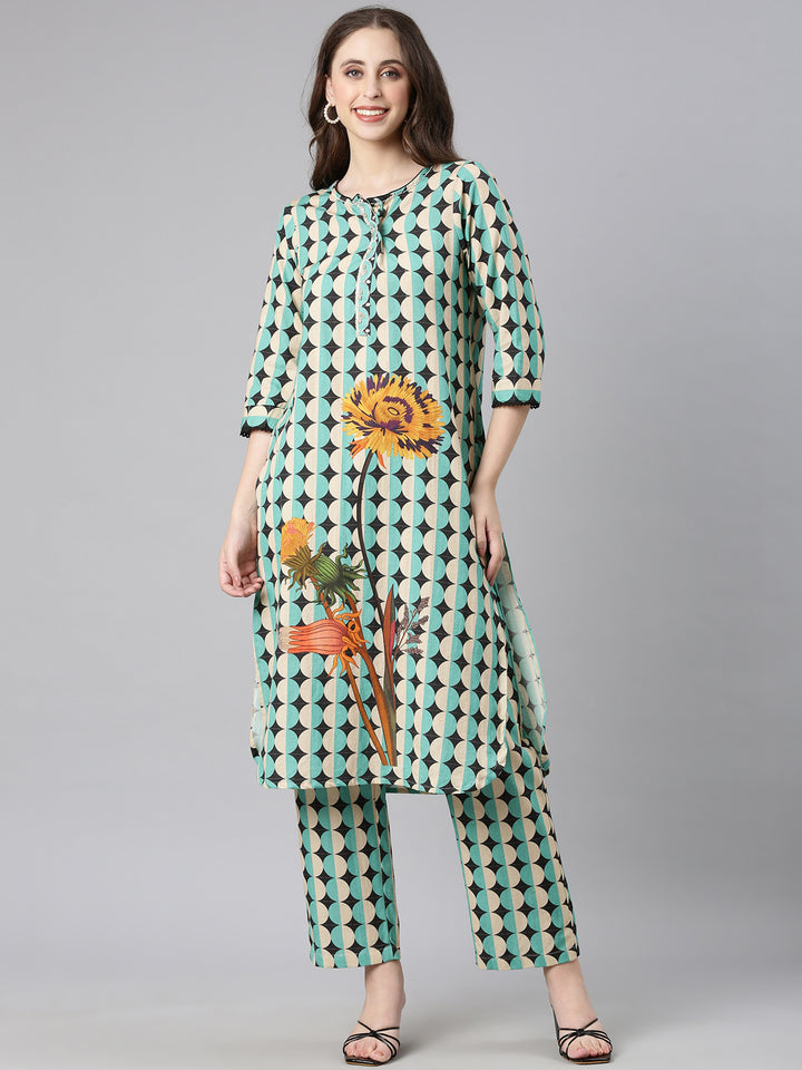 Neerus Sea green Printed Straight Kurta and Trousers