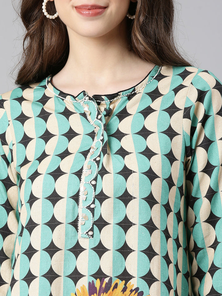 Neerus Sea green Printed Straight Kurta and Trousers