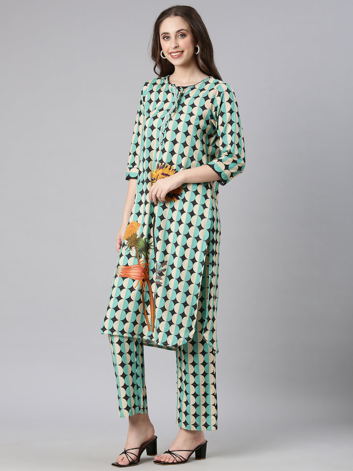 Neerus Sea green Printed Straight Kurta and Trousers