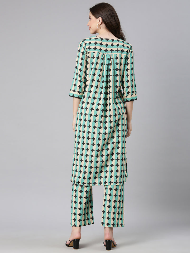 Neerus Sea green Printed Straight Kurta and Trousers
