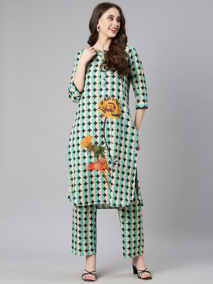 Neerus Sea green Printed Straight Kurta and Trousers