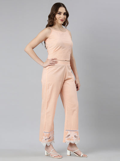 Neerus Peach Regular Straight Floral Kurti And Trousers