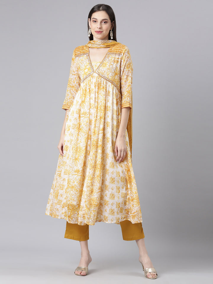 Neerus Mustard Printed Anarkali Kurta and Trousers With Dupatta