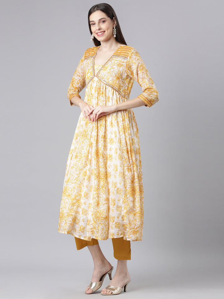 Neerus Mustard Printed Anarkali Kurta and Trousers With Dupatta