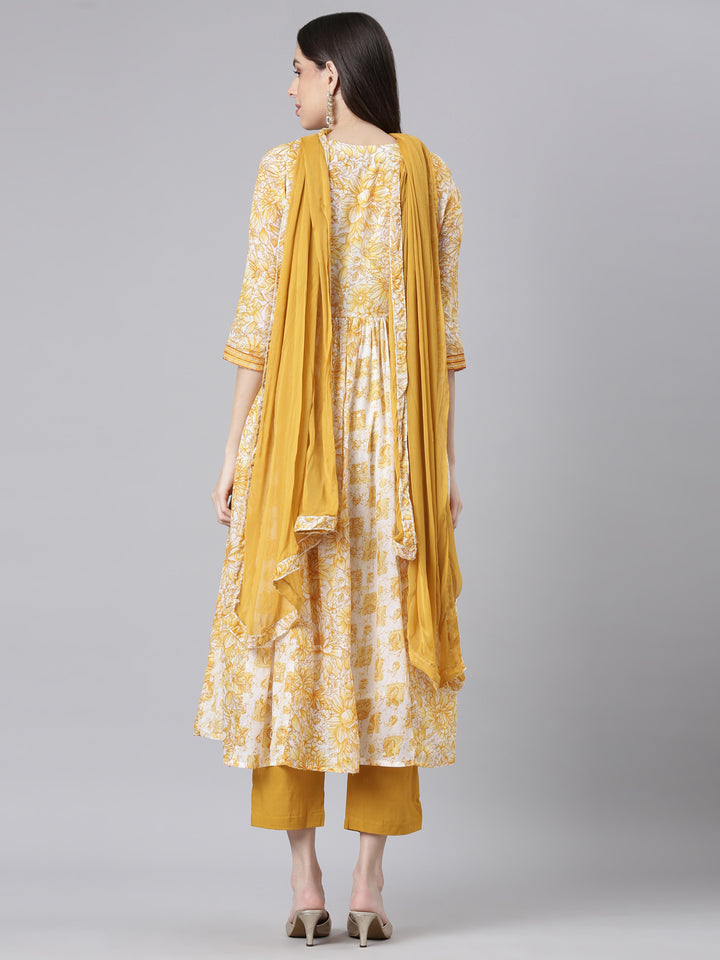 Neerus Mustard Printed Anarkali Kurta and Trousers With Dupatta
