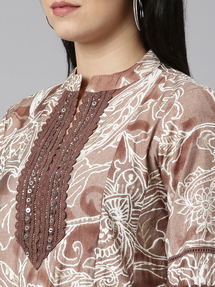 Neerus Brown shantoon printed kurta set - detail view 1