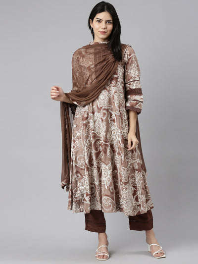 Neeru's Brown Regular Straight Printed Kurta And Trousers With Dupatta