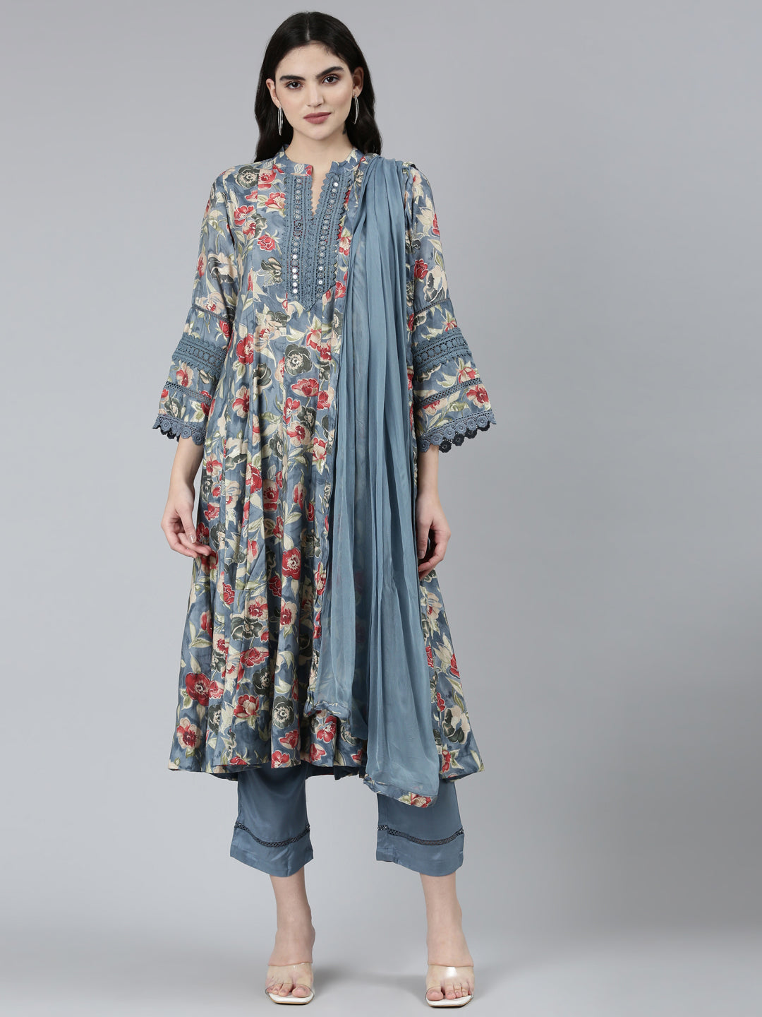 Neerus Grey printed floral kurta set with trouser and dupatta - front view