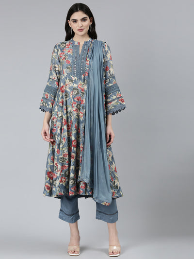 Neeru's Grey Regular Straight Floral Kurta Sets And Trousers With Dupatta