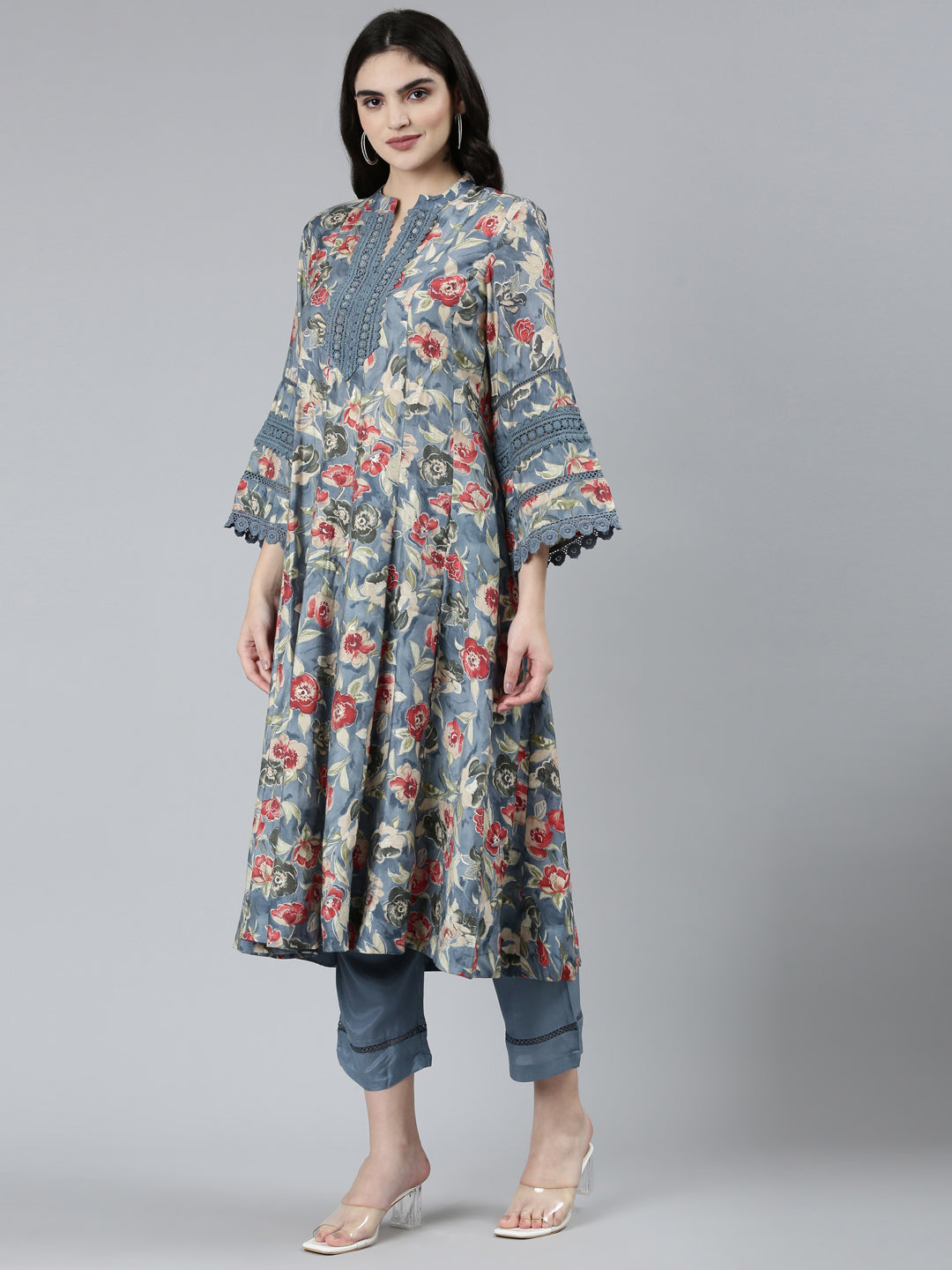 Neerus Grey printed floral kurta set with trouser and dupatta - back view