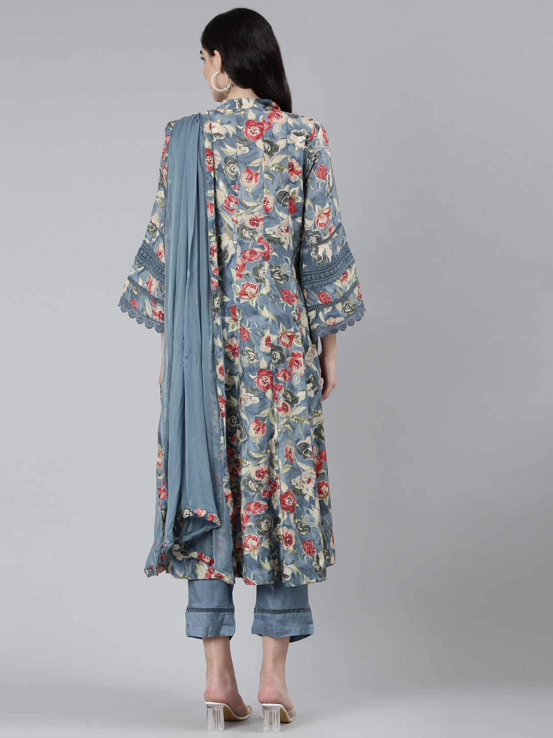 Neerus Grey printed floral kurta set with trouser and dupatta - side view