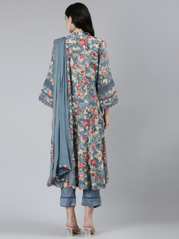 Neerus Grey printed floral kurta set with trouser and dupatta - side view