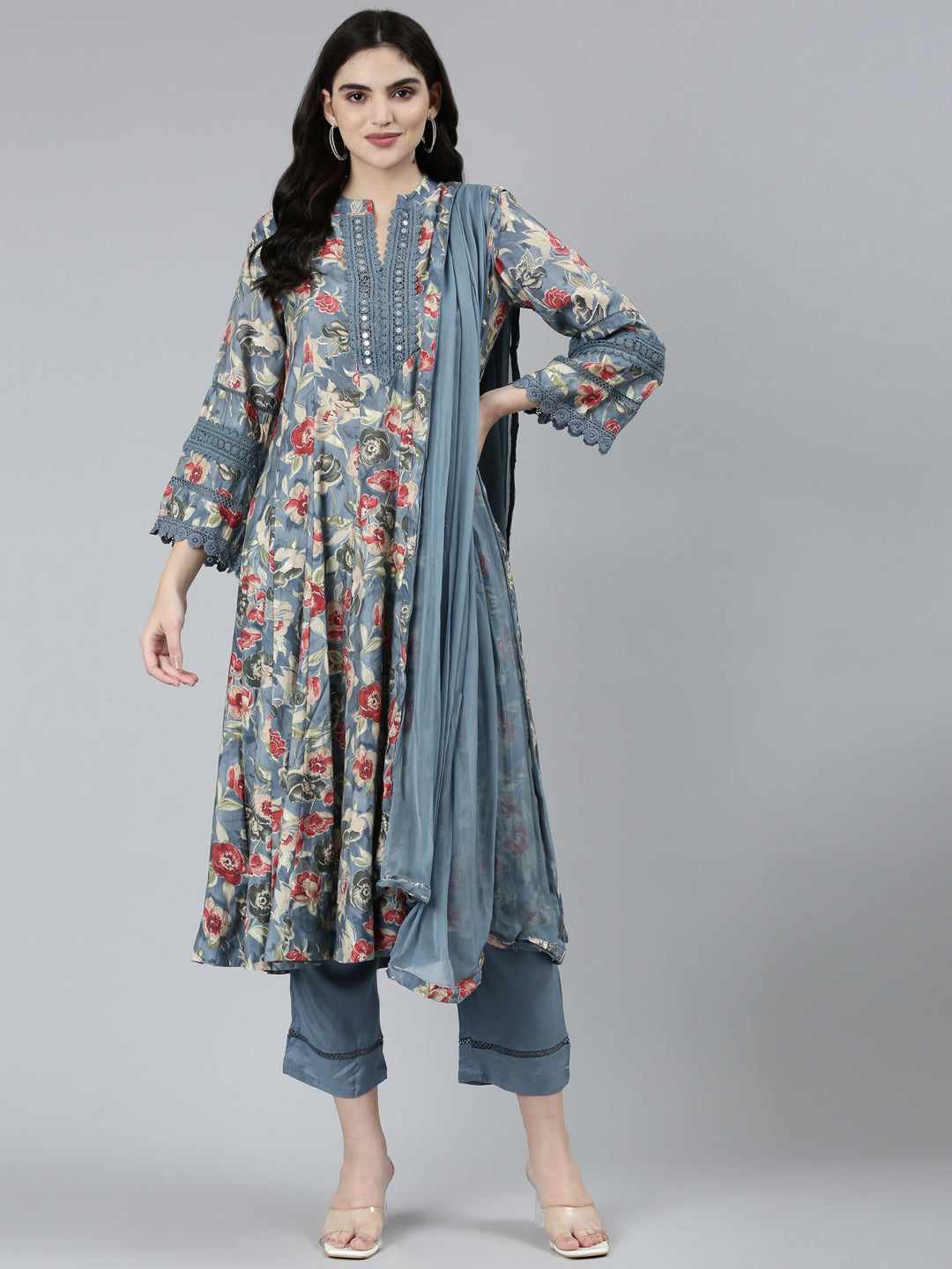 Neerus Grey printed floral kurta set with trouser and dupatta - detail view 2