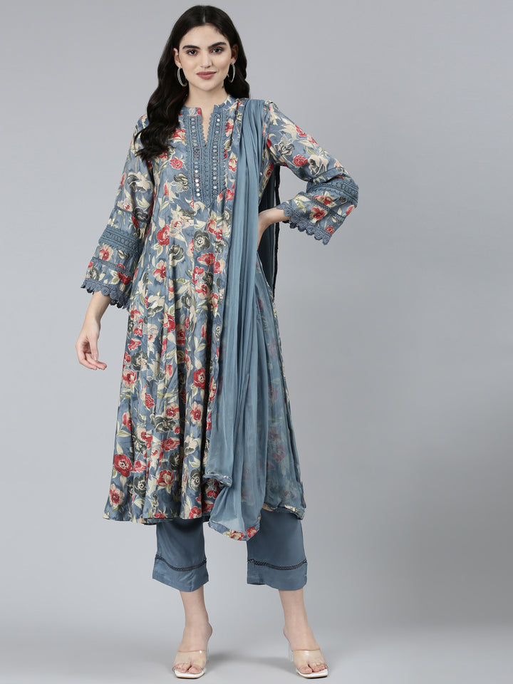 Neerus Grey printed floral kurta set with trouser and dupatta - detail view 2