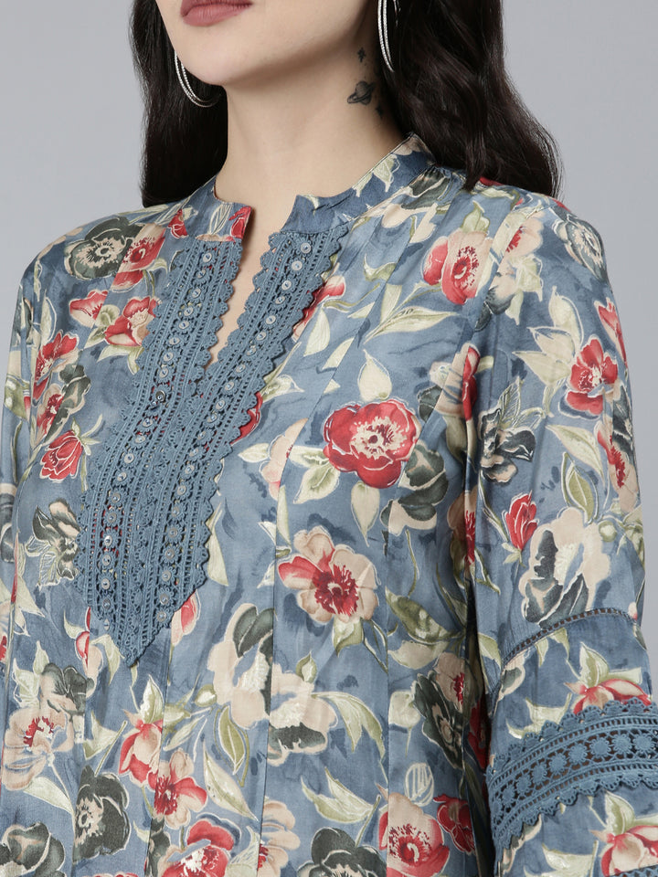 Neerus Grey printed floral kurta set with trouser and dupatta - detail view 1