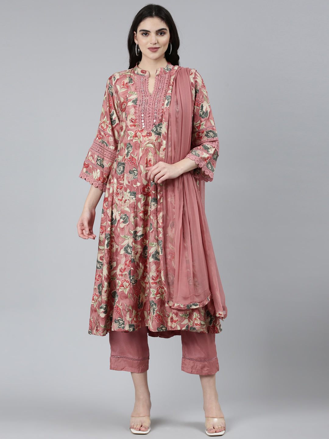 Neerus Pink printed floral kurta set with trouser and dupatta - front view