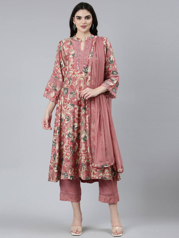 Neerus Pink printed floral kurta set with trouser and dupatta - front view