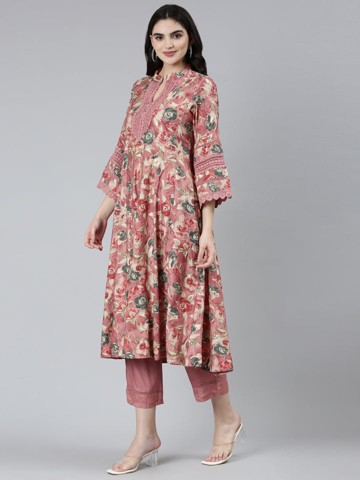 Neerus Pink printed floral kurta set with trouser and dupatta - back view