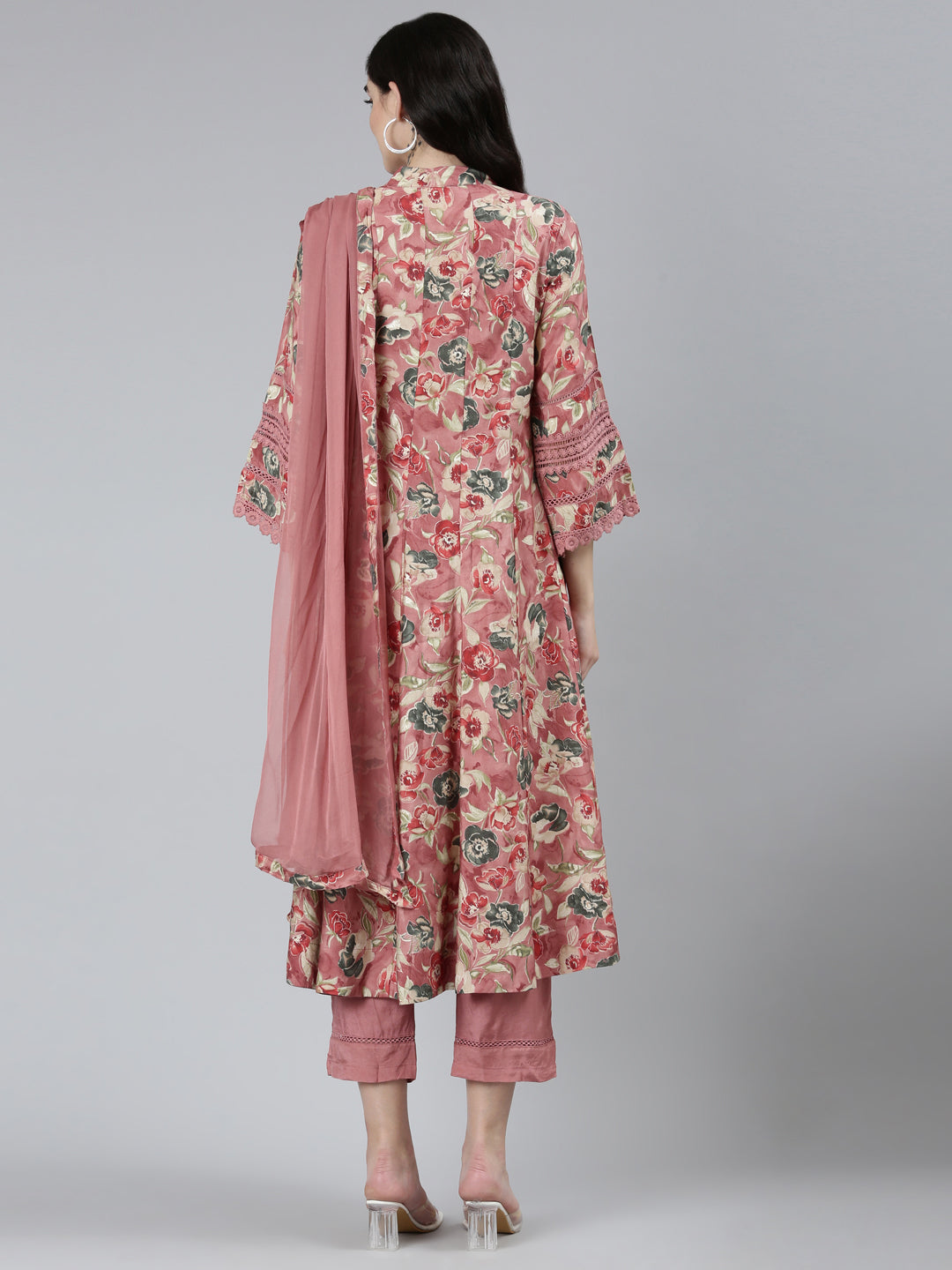 Neerus Pink printed floral kurta set with trouser and dupatta - side view