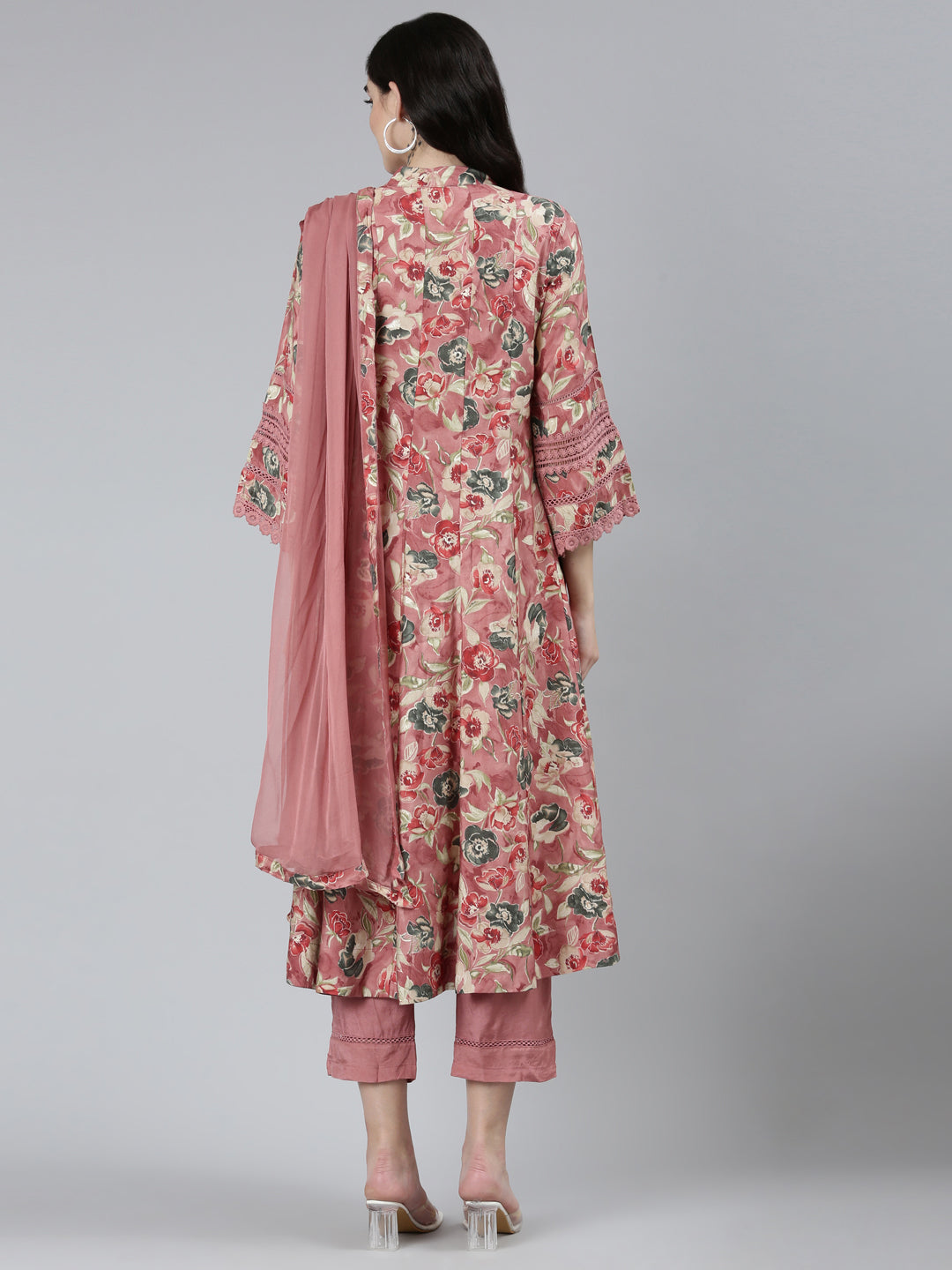 Neerus Pink Regular Straight Floral Kurta Sets And Trousers With Dupatta