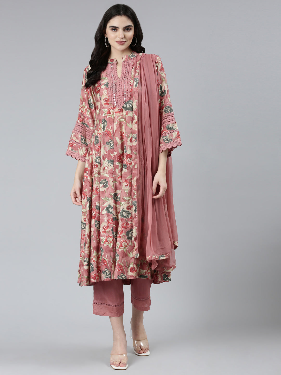 Neerus Pink printed floral kurta set with trouser and dupatta - detail view 2
