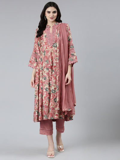 Neeru's Pink Regular Straight Floral Kurta Sets And Trousers With Dupatta