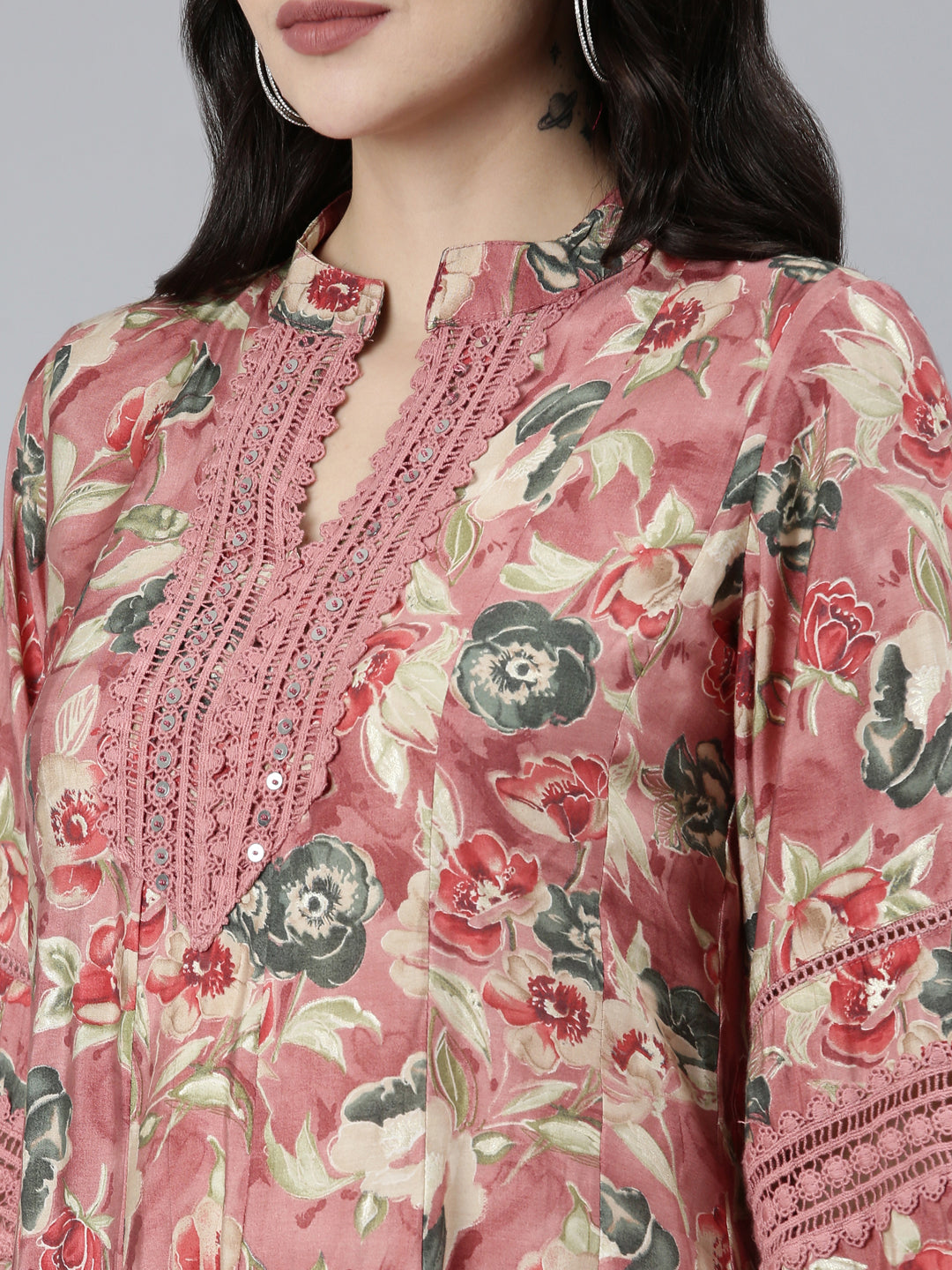 Neerus Pink printed floral kurta set with trouser and dupatta - detail view 1