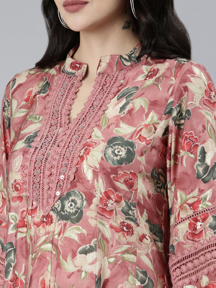 Neerus Pink printed floral kurta set with trouser and dupatta - detail view 1