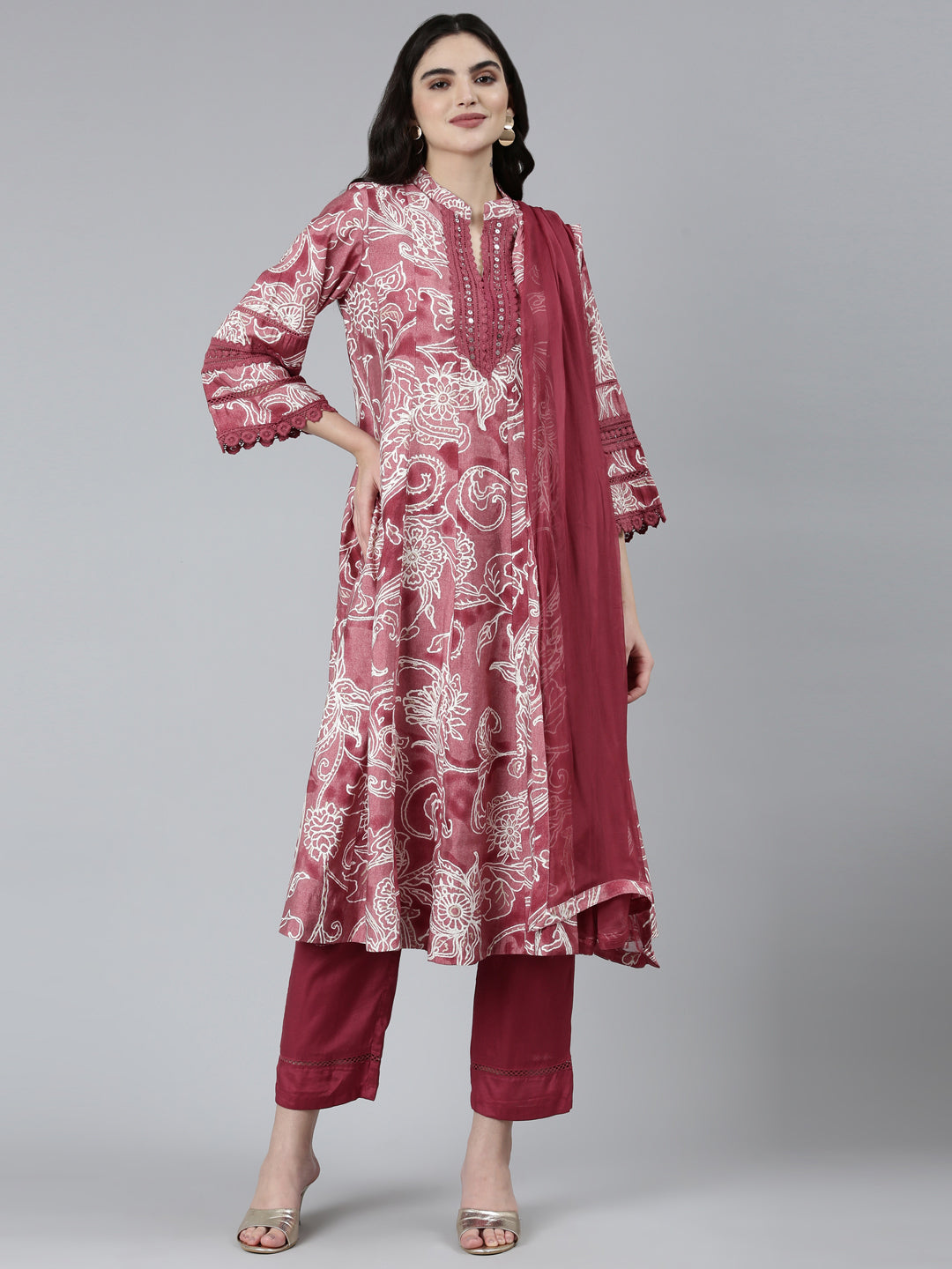 Neerus Purple printed floral kurta set with trouser and dupatta - front view