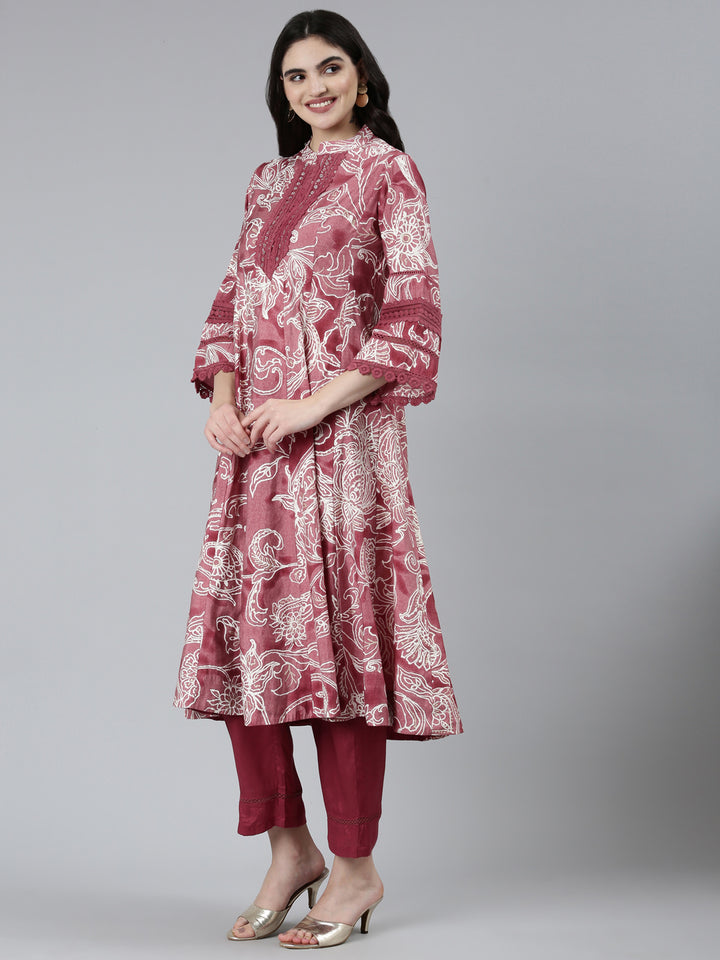 Neerus Purple printed floral kurta set with trouser and dupatta - back view