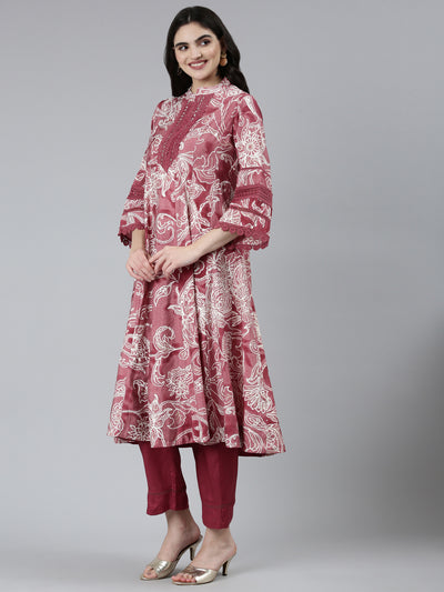 Neerus Purple Regular Straight Floral Kurta Sets And Trousers With Dupatta
