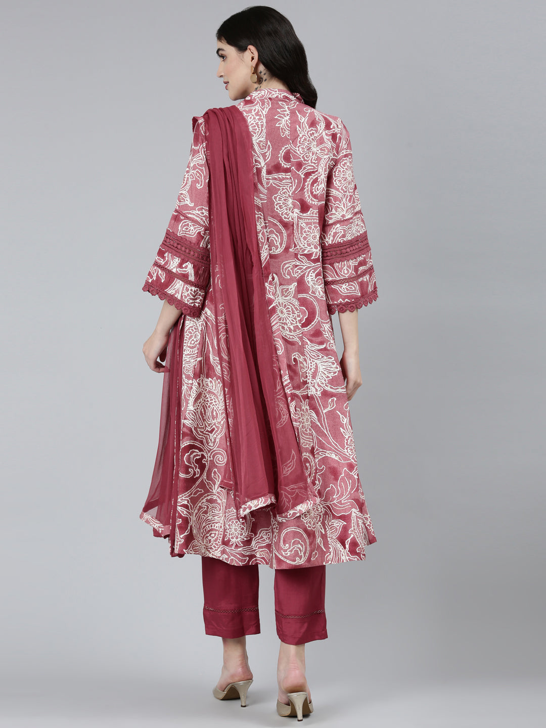 Neerus Purple printed floral kurta set with trouser and dupatta - side view