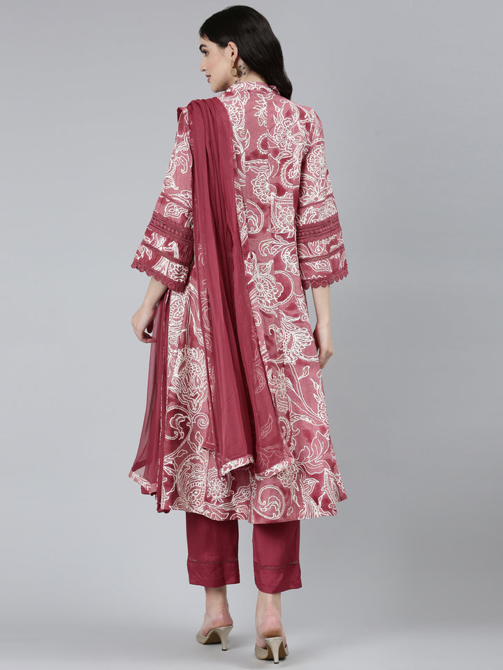 Neerus Purple printed floral kurta set with trouser and dupatta - side view