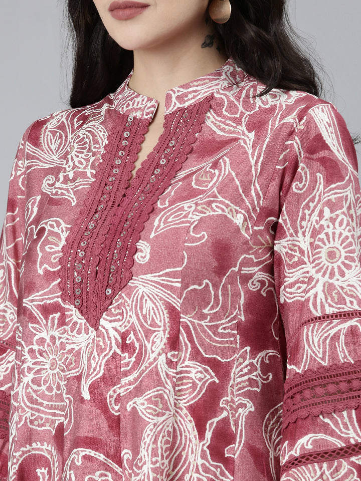 Neerus Purple printed floral kurta set with trouser and dupatta - detail view 1