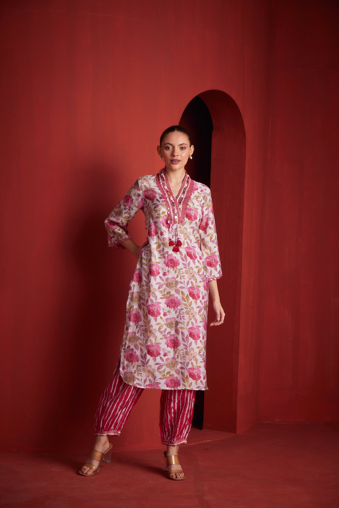 Neerus Pink shantoon printed kurta set - back view
