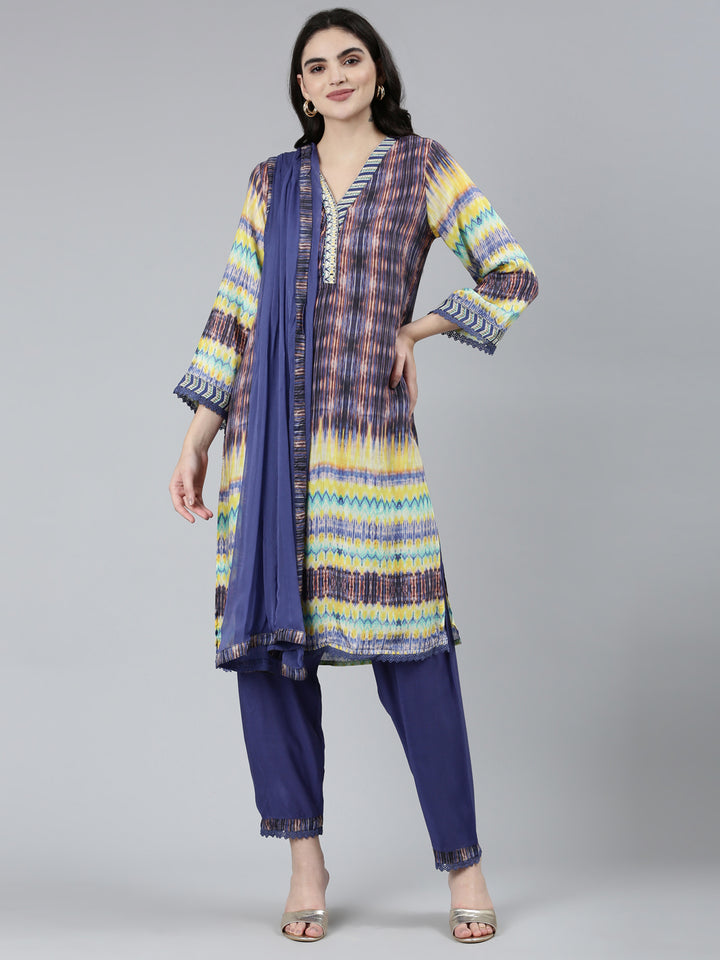 Neerus Blue Regular Straight Chevron Kurta Sets And Trousers With Dupatta