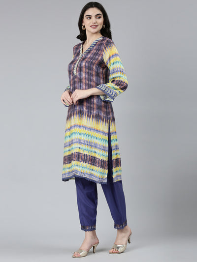 Neerus Blue Regular Straight Chevron Kurta Sets And Trousers With Dupatta