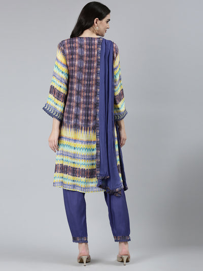 Neerus Blue Regular Straight Chevron Kurta Sets And Trousers With Dupatta
