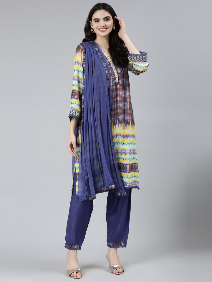Neerus Blue Regular Straight Chevron Kurta Sets And Trousers With Dupatta