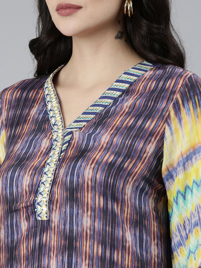 Neerus Blue Regular Straight Chevron Kurta Sets And Trousers With Dupatta