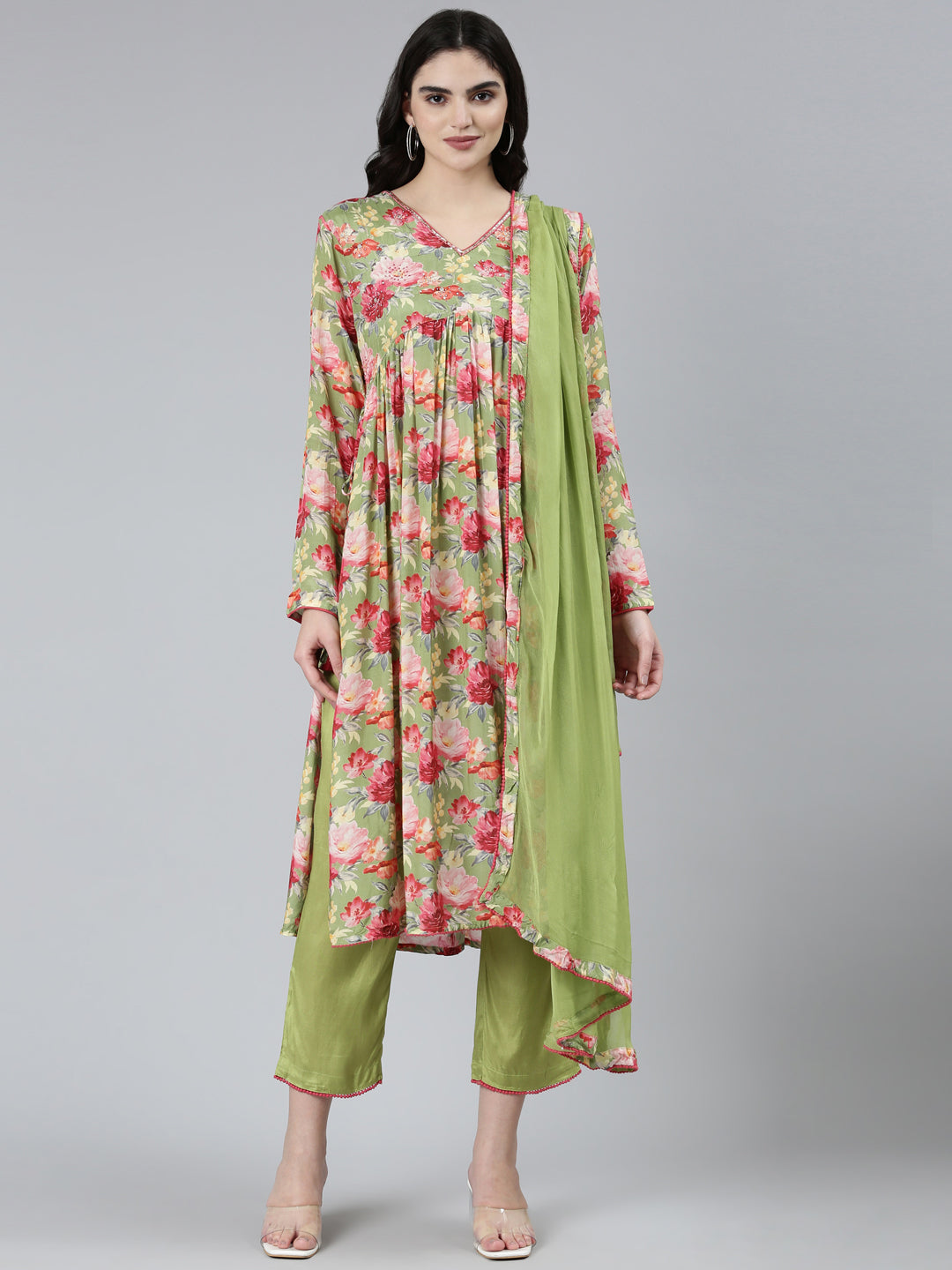 Neerus Green velvet printed Nyra cut kurta set - front view